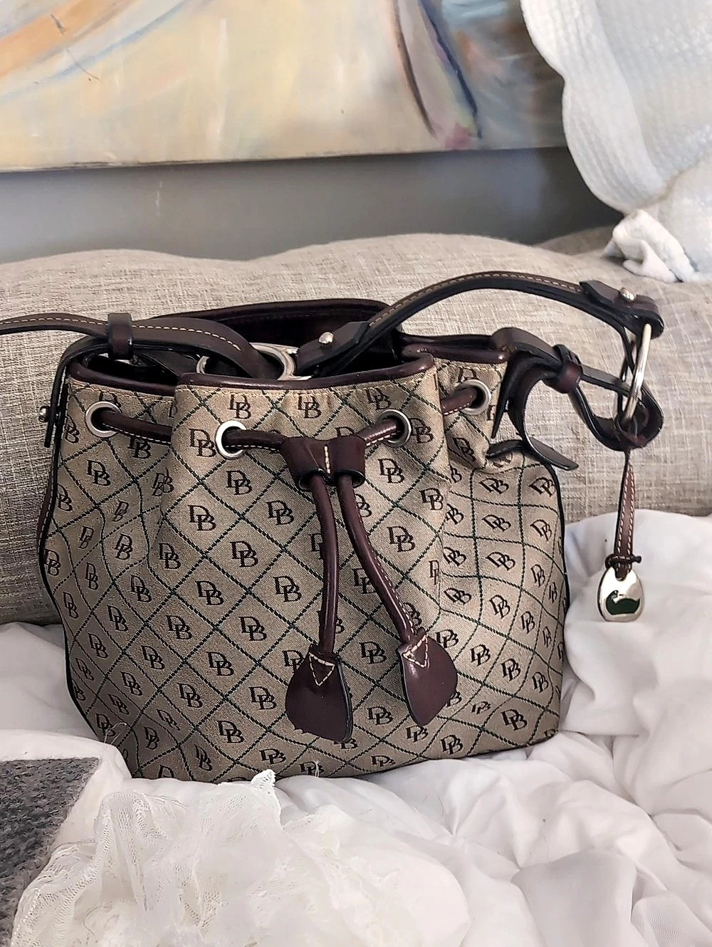 Dooney & Bourke Vintage DB Monogram Jacquard Drawstring Bucket Bag Brown & Gray